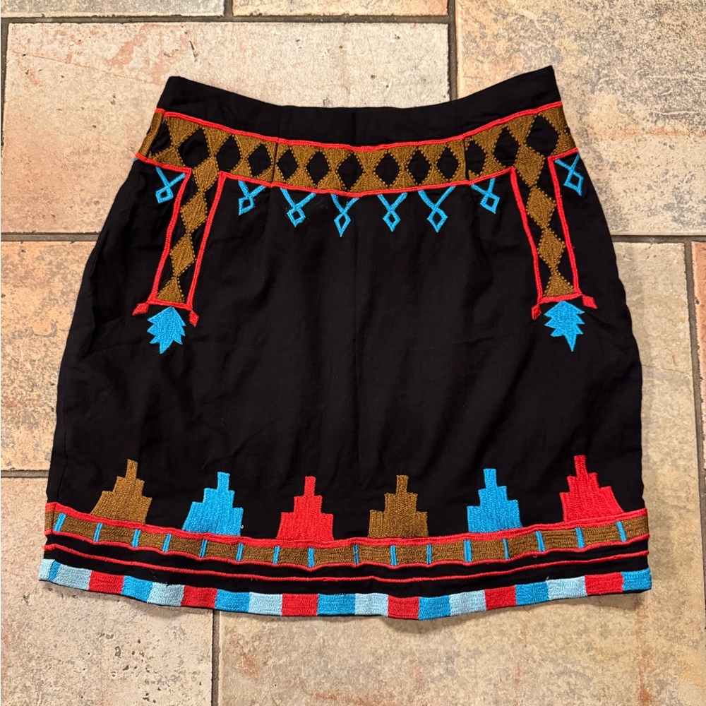 Roja Collection Black Turquoise Red Brown Aztec Embroidered Skirt Size Small NWT